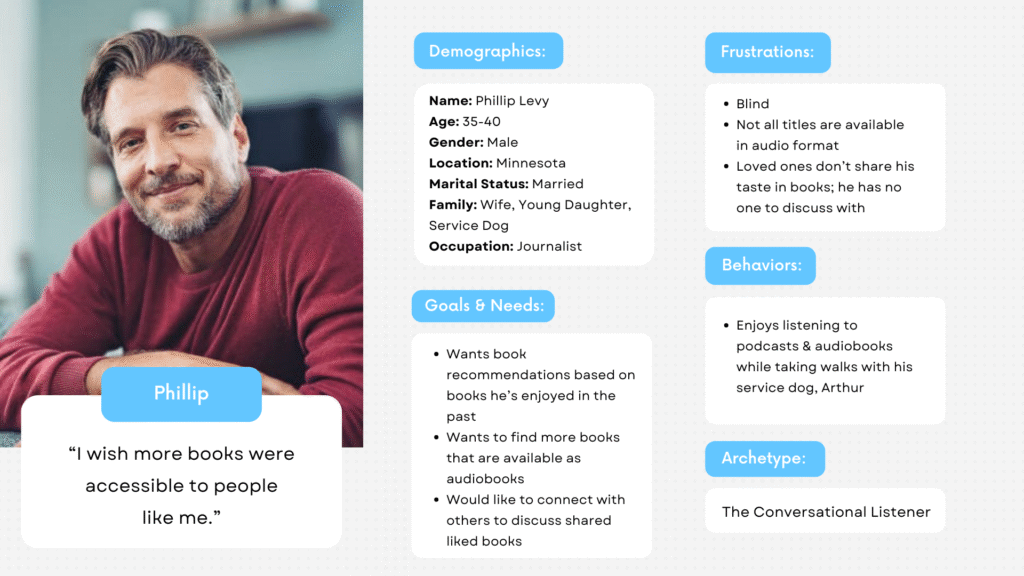 Persona for Phillip, describing his demographics, goals & needs, frustrations, behaviors, and archetype.